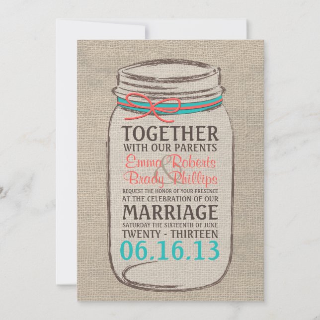 Invitación a la boda rústica Mason Jar Burlap (Anverso)