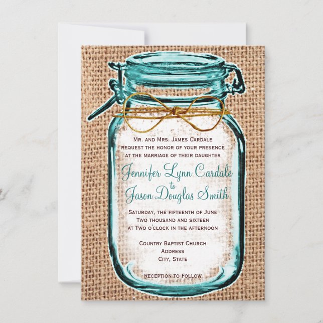 Invitación a la boda rustica Mason Jar Burlap (Anverso)