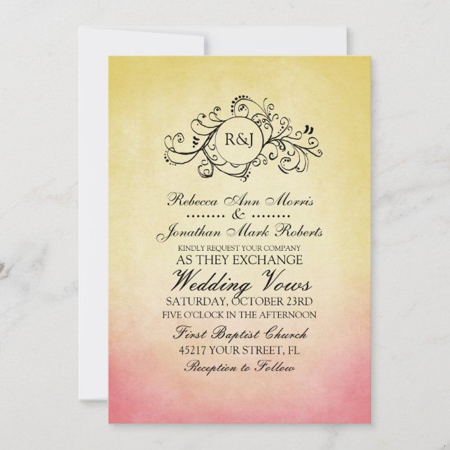 Invitación a la boda rustica, rosa y amarilla (Anverso)