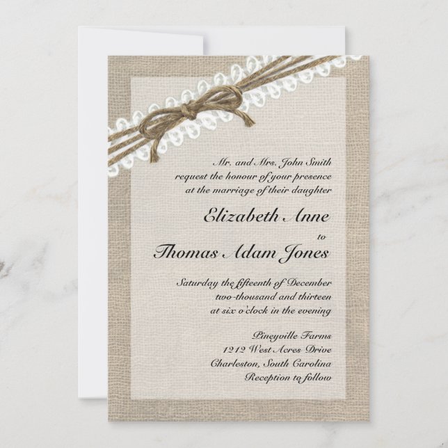 Invitación a la boda Rústica Twine and Lace Burlap (Anverso)