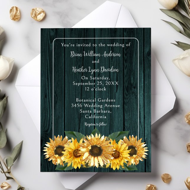 Invitación a la boda rústica Verde azulada de gira (Teal Rustic Sunflower Wedding Invitation)