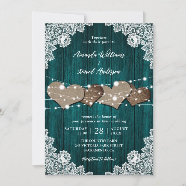 Invitación a la boda rústica Verde azulada de la B (Anverso)