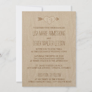 Invitación a la boda rústica y sencilla de madera