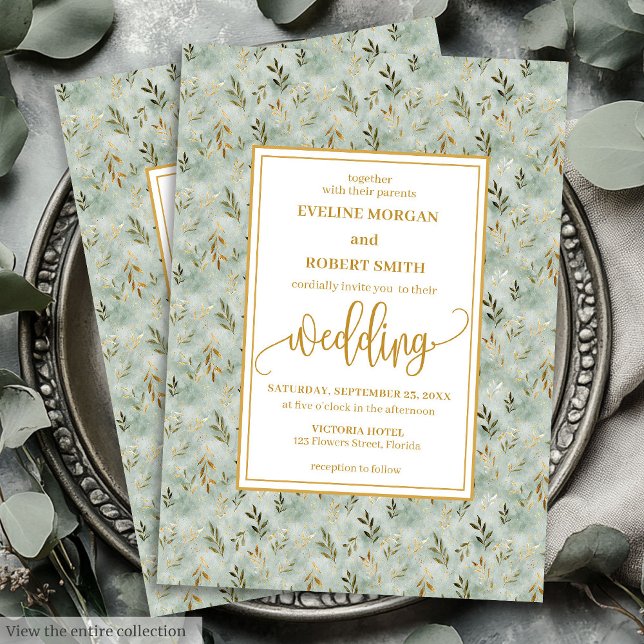 Invitación a la boda Sage Green Gold Eucalyptus (Charming Sage Green Gold Eucalyptus Wedding Invitation)