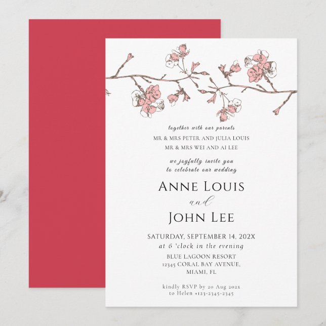 Invitación a la boda Sakura Blossom (Anverso / Reverso)