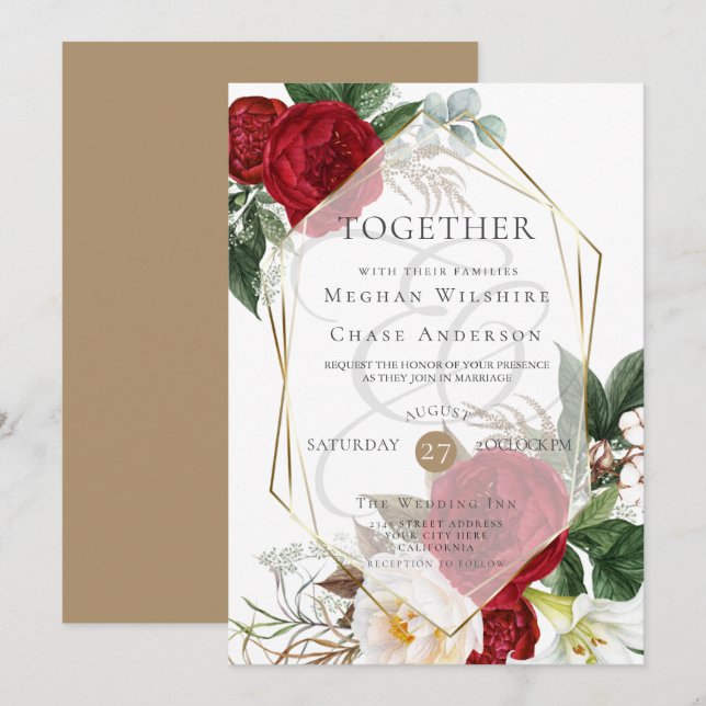 Invitación a la boda | Scarlet y Floral de marfil (Anverso / Reverso)