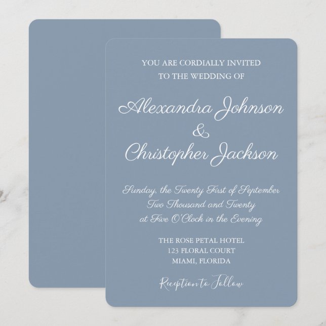 Invitación a la boda sencilla azul y blanca turbia (Anverso / Reverso)