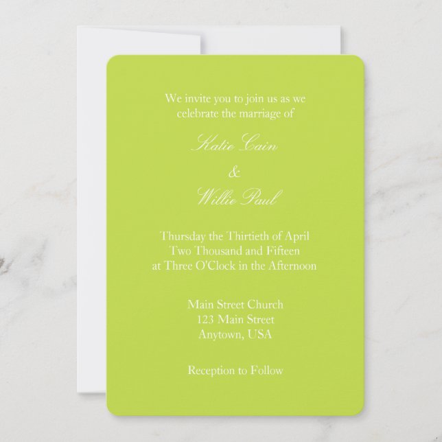Invitación a la boda sencilla de Lime Green White  (Anverso)