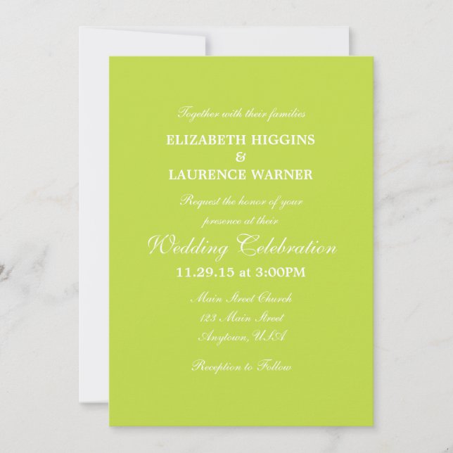 Invitación a la boda sencilla Lime Green Plain (Anverso)