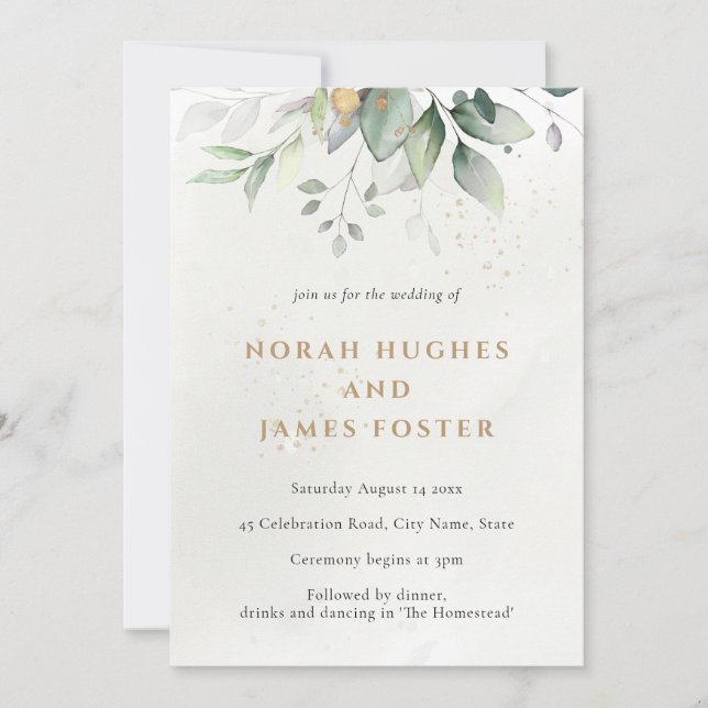 Invitación a la boda: Sencillo verde y dorado (Anverso)