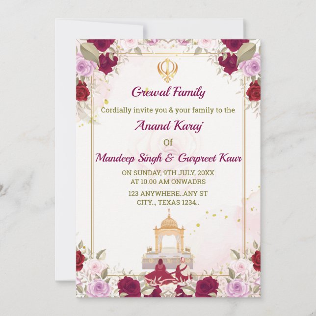 Invitación a la boda sij, tarjeta Anand Karaj, (Anverso)