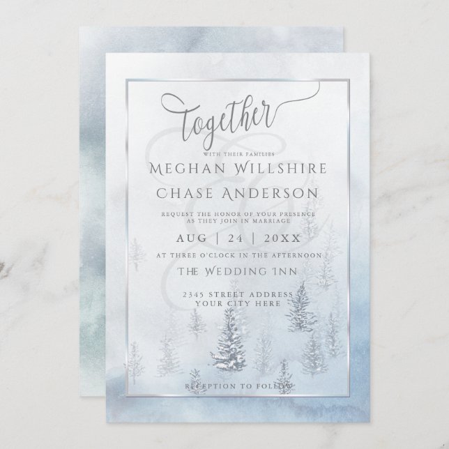 Invitación a la boda | Silver Blue Winter Wonderla (Anverso / Reverso)