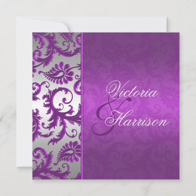 Invitación a la boda Silver y Purple Damask II (Anverso)