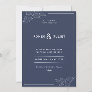 Invitación a la boda simple azul de la marina mode