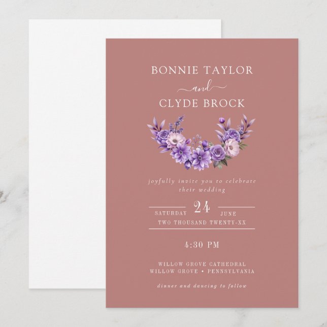 Invitación a la boda simple con arte floral delica (Anverso / Reverso)