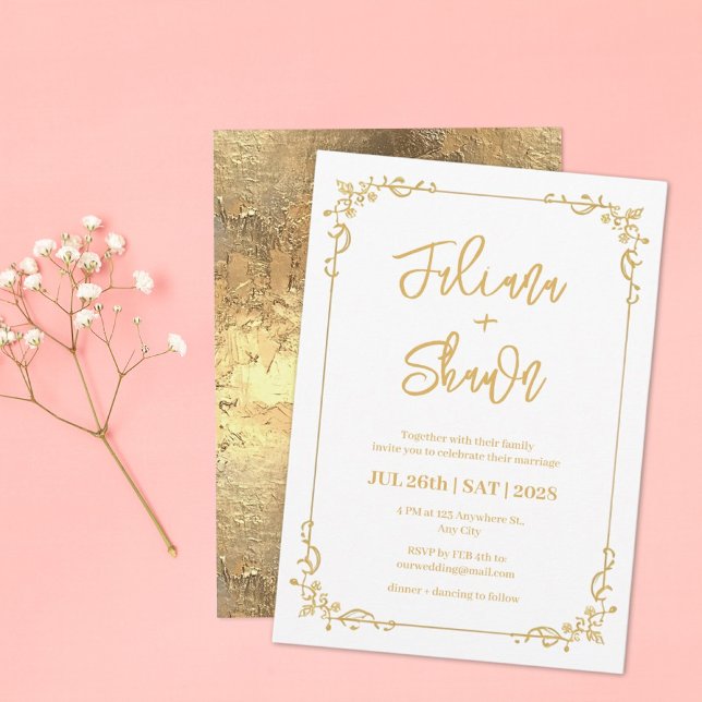 Invitación a la boda simple con floral de oro (Subido por el creador)
