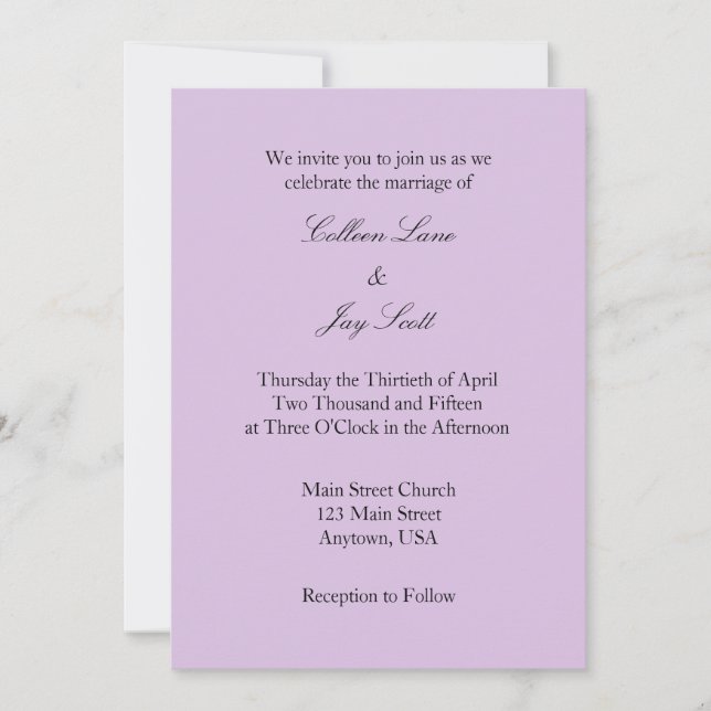 Invitación a la boda simple de Lavender Purple Pla (Anverso)