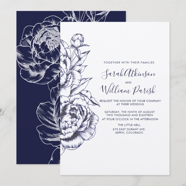 Invitación a la boda simple de Peony (Anverso / Reverso)