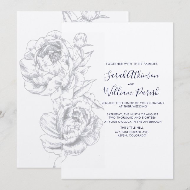 Invitación a la boda simple de Peony (Anverso / Reverso)