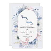 Invitación a la boda simple en blanco azul