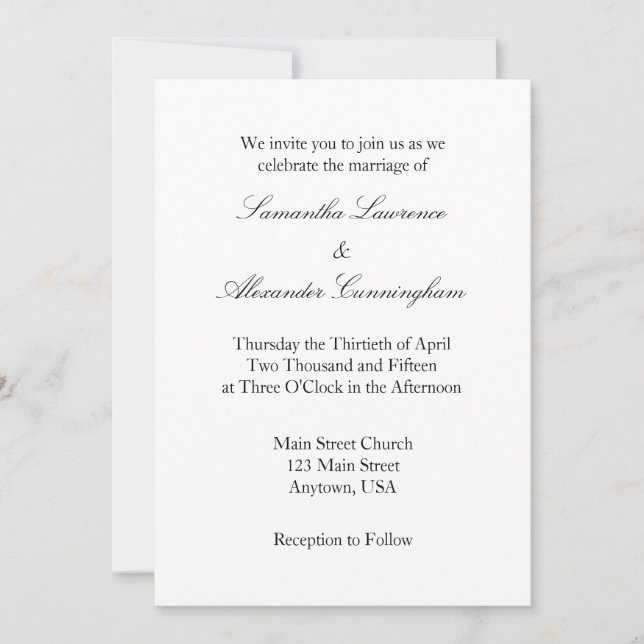 Invitación a la boda simple en blanco y llano (Anverso)
