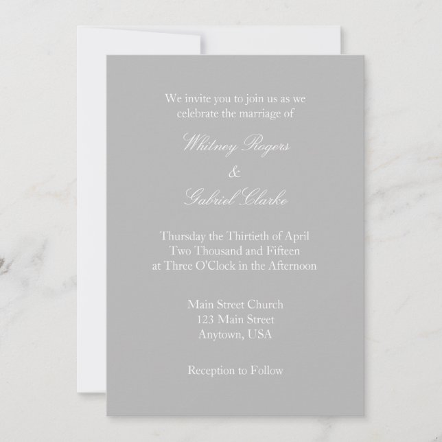 Invitación a la boda simple grisácea blanca y gris (Anverso)