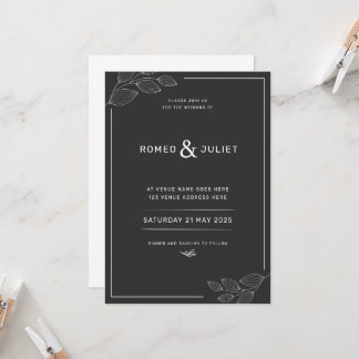 Invitación a la boda simple moderna en blanco y ne