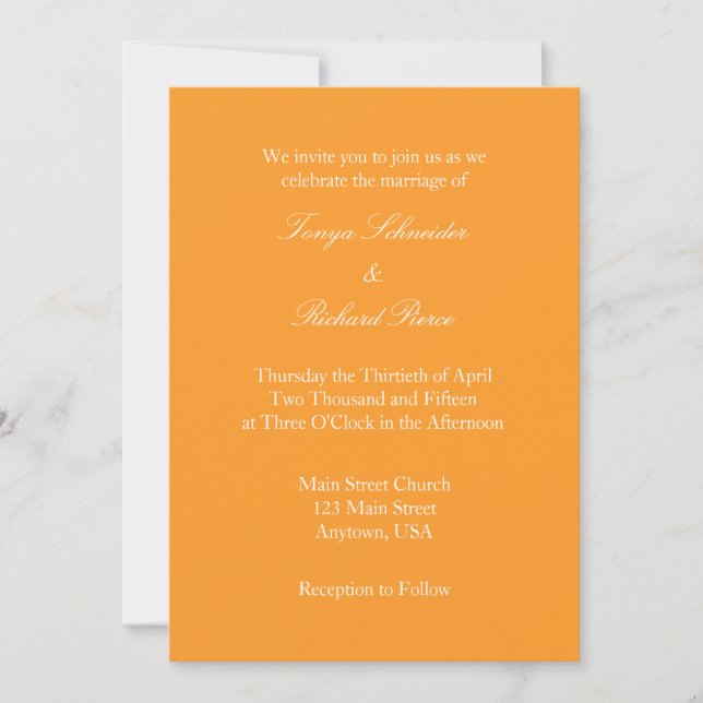 Invitación a la boda simple naranja de la llanura  (Anverso)
