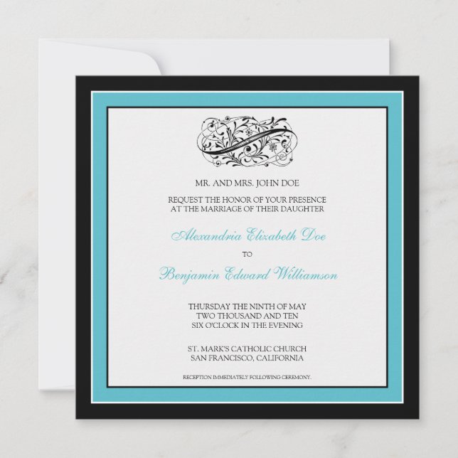 Invitación a la boda simple y elegante (negro/agua (Anverso)