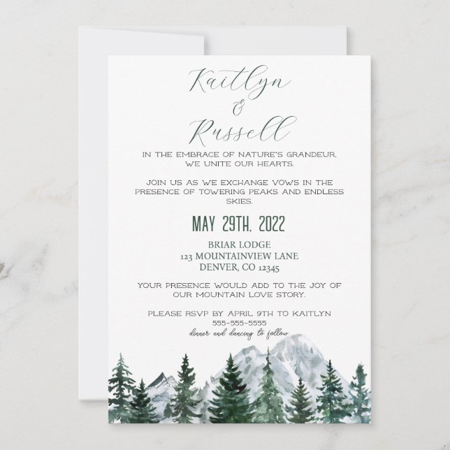 Invitación a la boda sobre el tema de la montaña (Anverso)