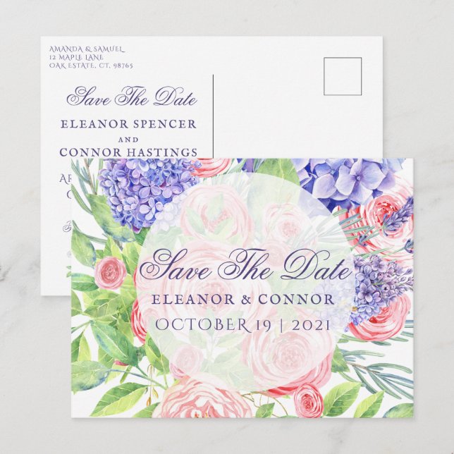 Invitación a la boda sofisticada de Lilac y Peony (Anverso / Reverso)
