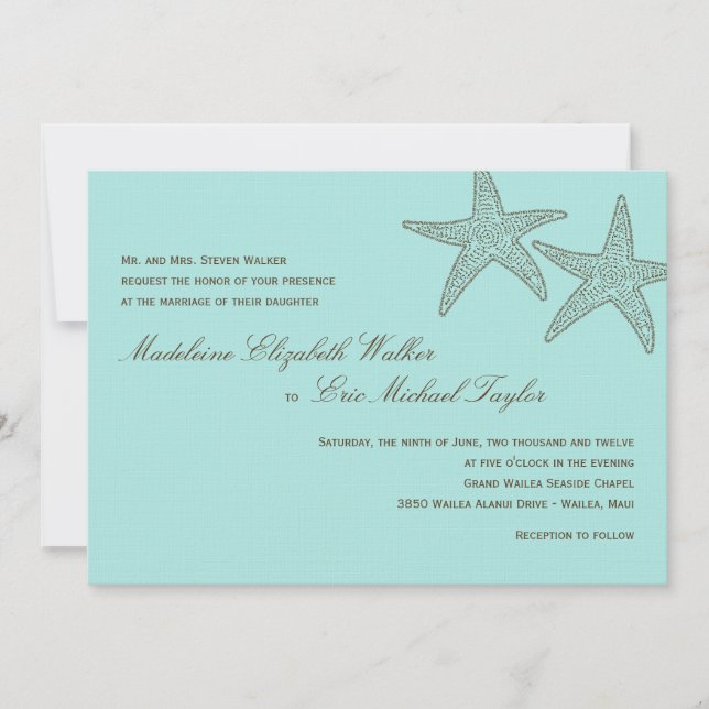Invitación a la boda Starfish - Marrón/Azul (Anverso)