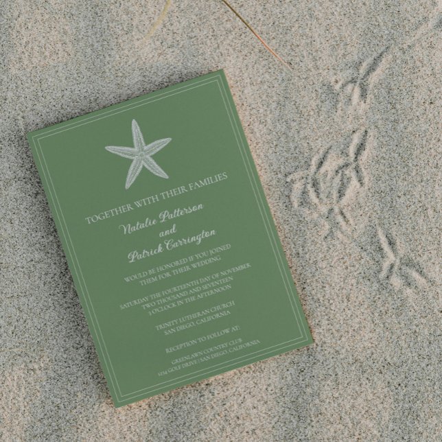 Invitación a la Boda Starfish Verde Moss (Moss Green Starfish Wedding Invitation)