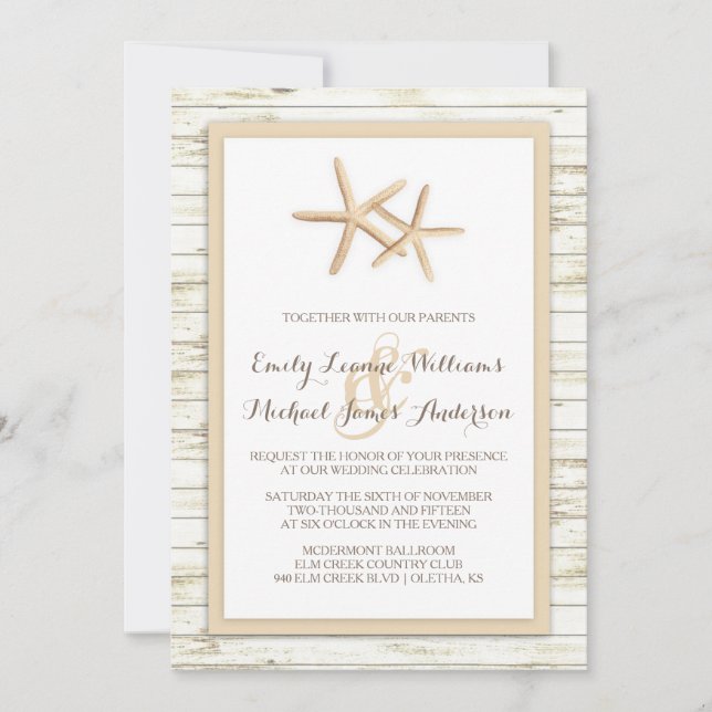 Invitación a la boda Starfish Whitewashed Wood Bea (Anverso)