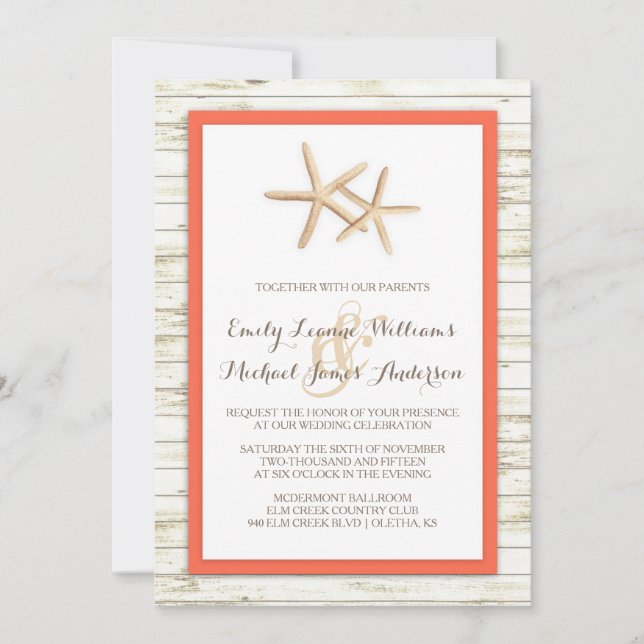 Invitación a la boda Starfish Whitewashed Wood Bea (Anverso)