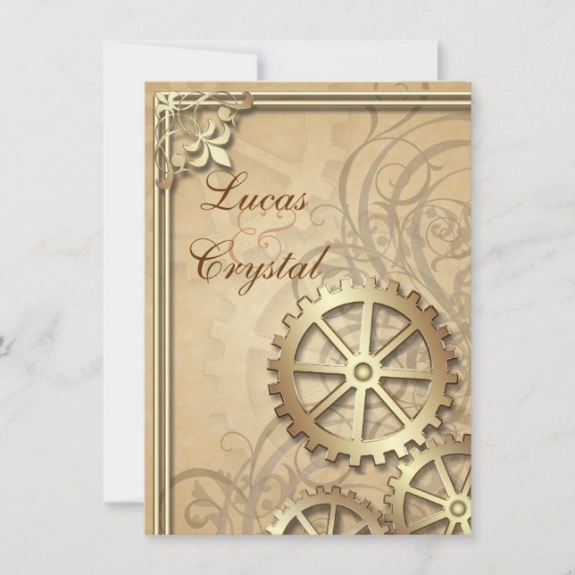 Invitación a la boda Steampunk con los engranajes  (Anverso)