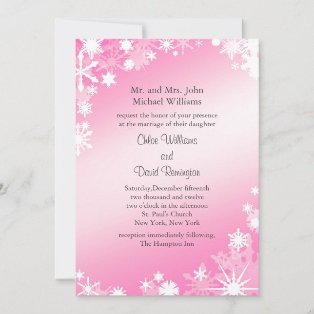 Invitación a la boda suave de copos de nieve rosa (Anverso)