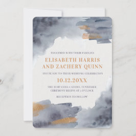 Invitación a la Boda Swash de acuarela azul y dora