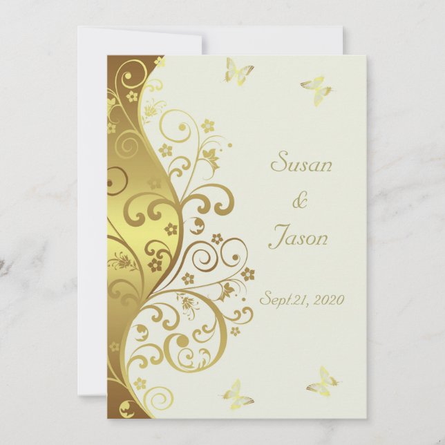 Invitación a la boda: Swirls de oro y marfil 5x7 (Anverso)