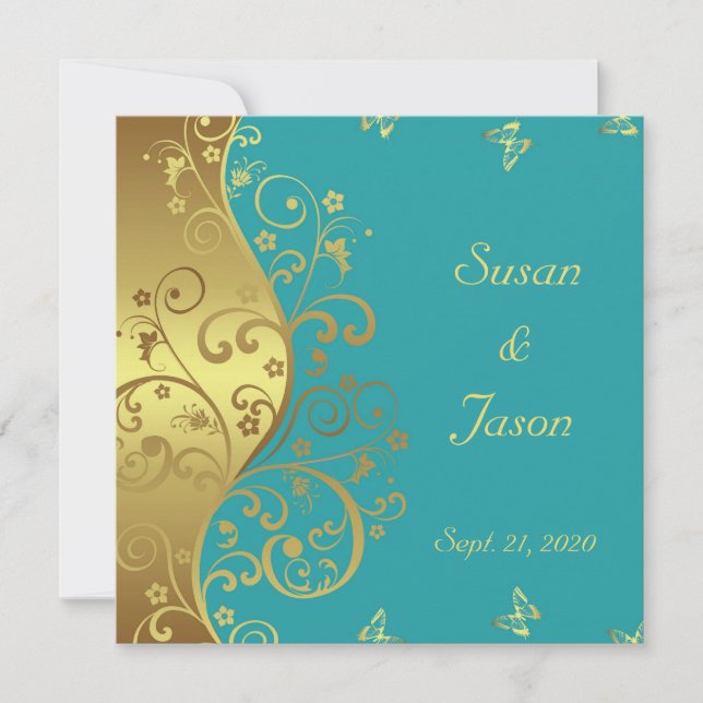 Invitación a la boda: Swirls de oro y Verde azulad (Anverso)