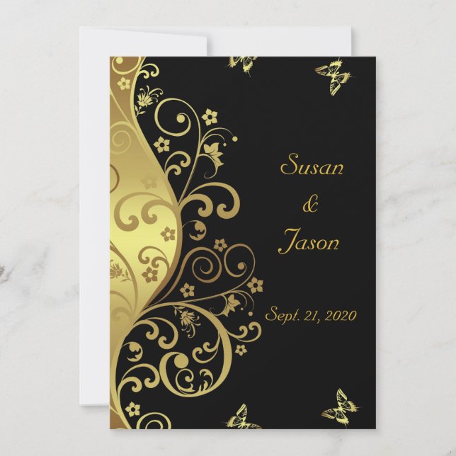 Invitación a la boda: Swirls Gold y Black 5x7 (Anverso)