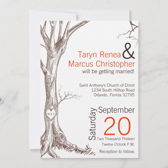 Invitación a la boda tallada inicial del árbol de  (Anverso)