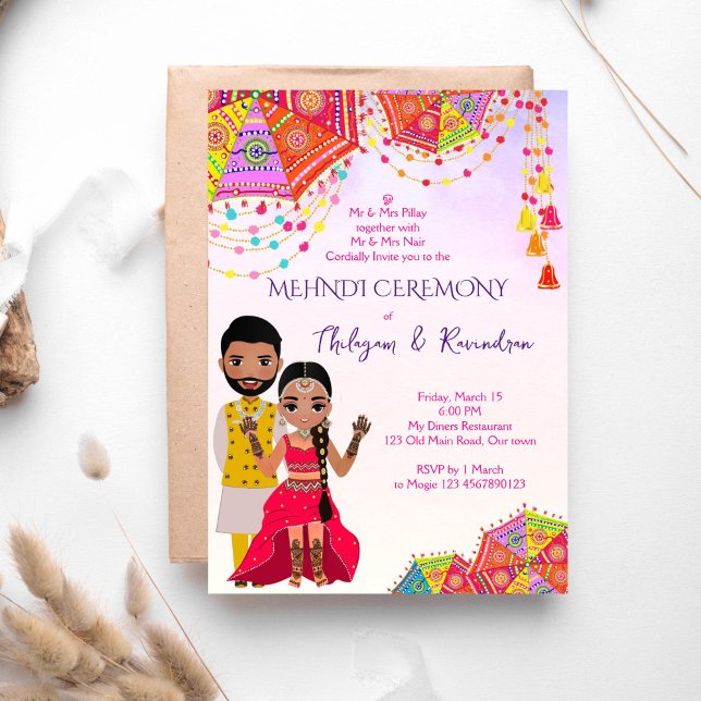 Invitación a la boda tamil en el sur de India (Mehndi South Indian Tamil template invitation instant download with a cute Tamil bridal couple)