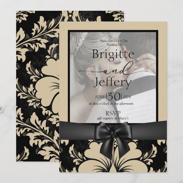 Invitación a la boda tan y foto tradicional negra (Anverso / Reverso)