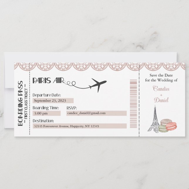 Invitación a la boda, tarjeta de embarque de París (Anverso)