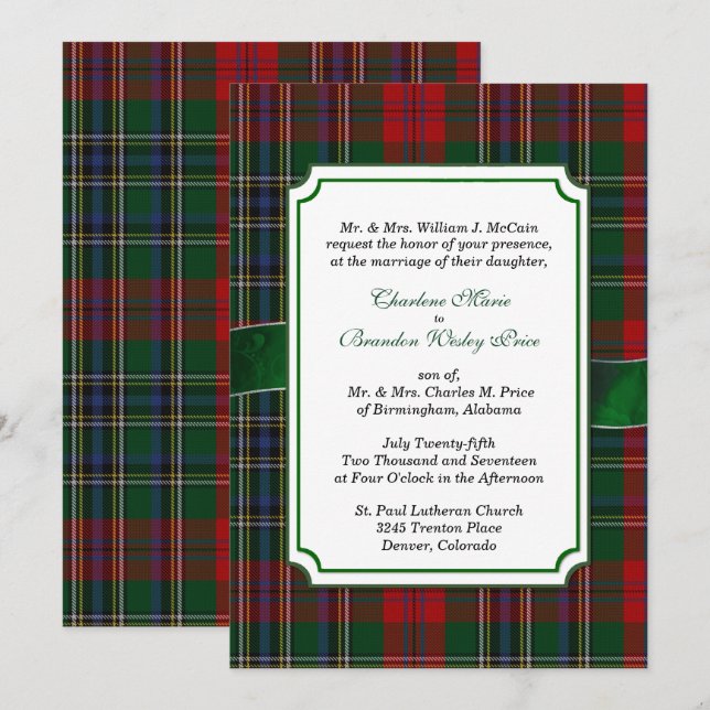Invitación a la boda tartán de MacClain rojo y ver (Anverso / Reverso)