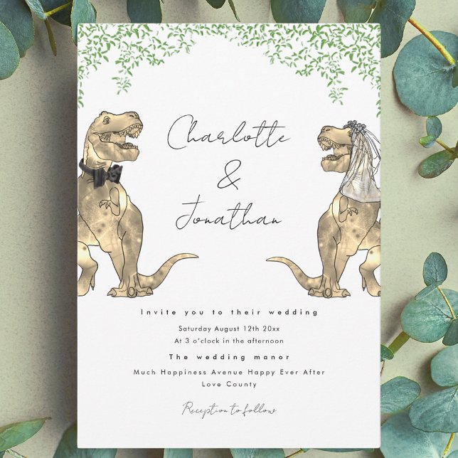 Invitación a la boda temática de dinosaurios (Jurassic theme dinosaur wedding invitation with watercolor greenery)