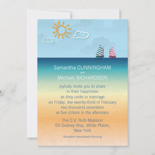 Invitación a la boda temática de la playa de arena (Anverso)