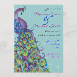 Invitación a la boda temática del pavo real Azul