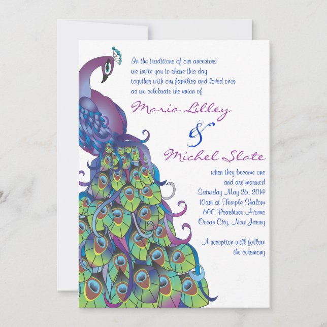 Invitación a la boda temática PEACOCK de bonito (Anverso)